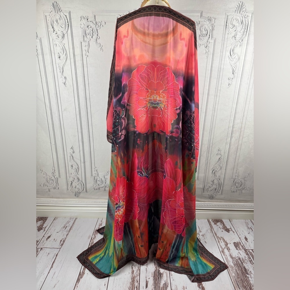 Elegant Floral Print Kaftan Oversized Maxi Kimono Tunic Poncho Coverup - Picture 10 of 14